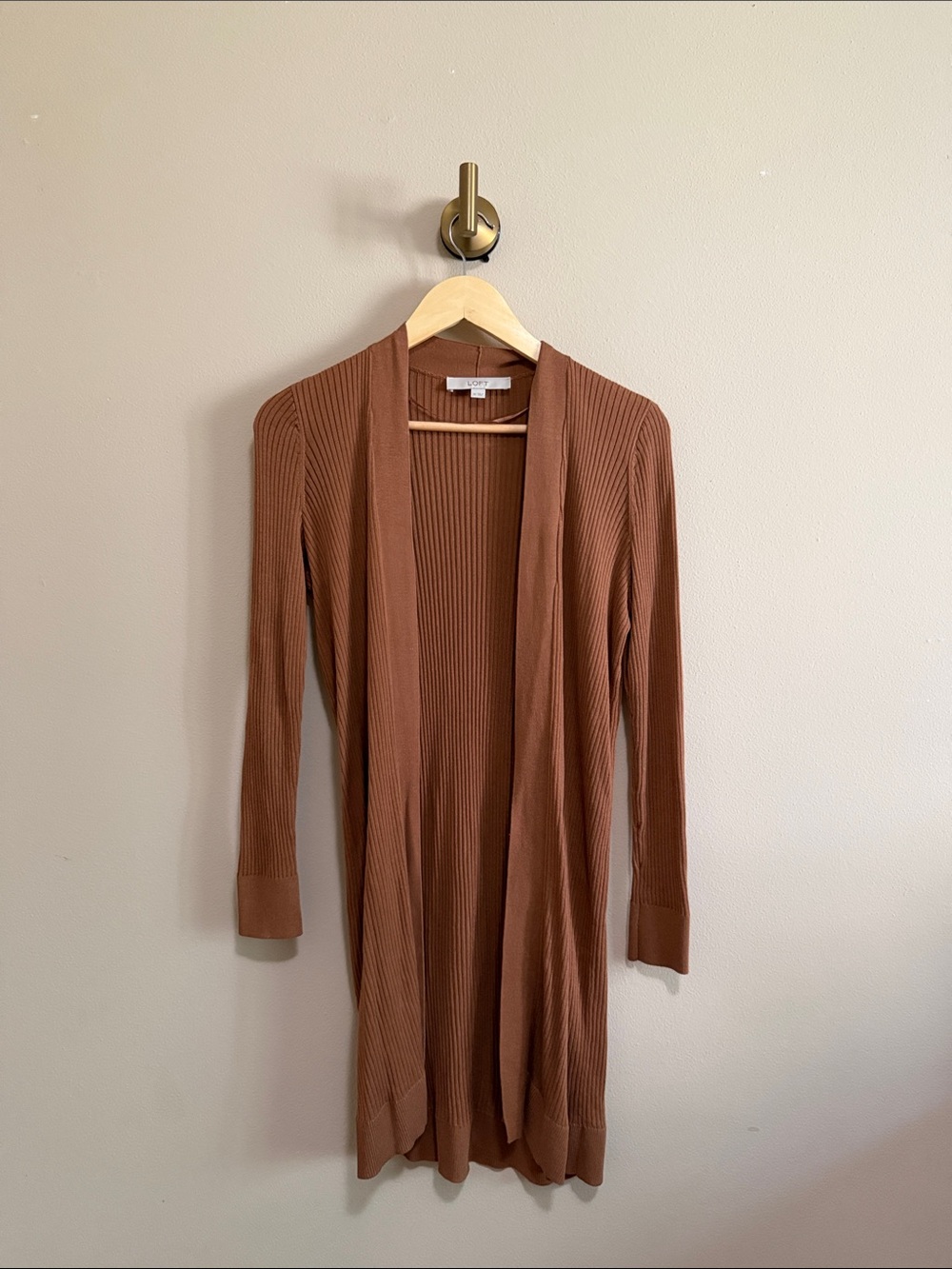 LOFT Long Ribbed Open Cardigan — brown